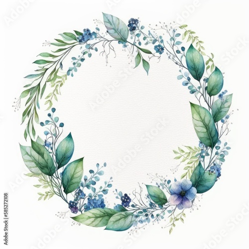 Circle frame of blue flower and green leaves with watercolor painting isolated on white background. Theme of vintage minimal art design in geometric. Finest generative AI. photo