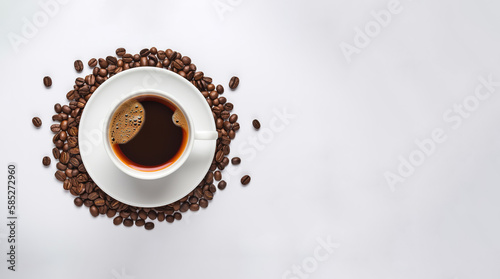 Top view a cup of coffee with coffee beans around a saucer isolated on white background with copy space. Created with Generative AI Technology