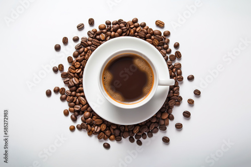 Top view a cup of coffee with coffee beans around a saucer isolated on white background. Created with Generative AI Technology