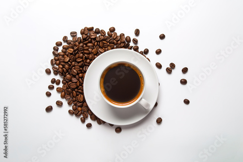 Top view a cup of coffee with coffee beans around a saucer isolated on white background. Created with Generative AI Technology