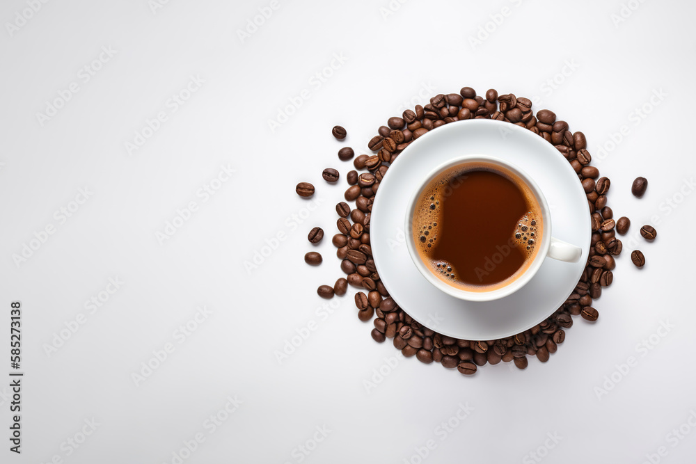 Top view a cup of coffee with coffee beans around a saucer isolated on white background with copy space. Created with Generative AI Technology Top view a cup of coffee with coffee beans around a saucer isolated on white background with copy space. Created with Generative AI Technology