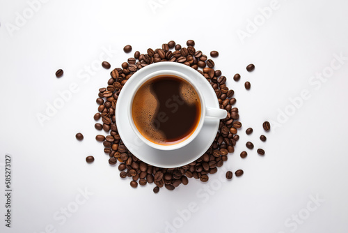 Top view a cup of coffee with coffee beans around a saucer isolated on white background. Created with Generative AI Technology © agungai