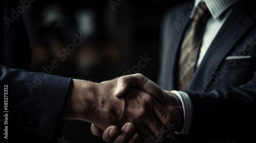 Close up of two businesspeople shaking hands in office..generative ai