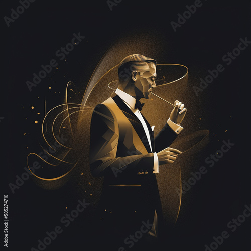 Businessman illustration  standing to the side with a cigar. black and gold colors  generative AI