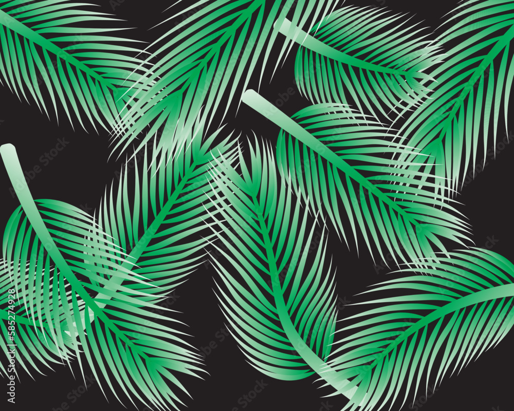 Vector illustration, pattern design palm leaf or green coconut leaf on black background.