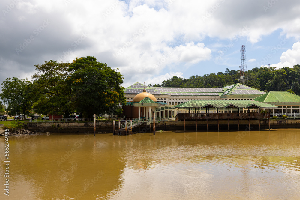 buildings and trees along Sungai Temburong river in the Temburong District in Brunei Darussalam