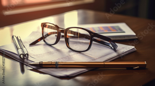Glasses and notebook on the table in office close-up.generative ai