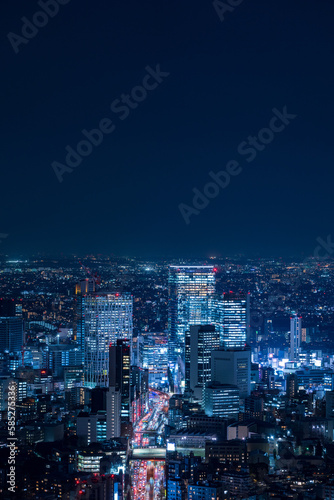 Tokyo Shibuya area panoramic view with car light trails at night. 