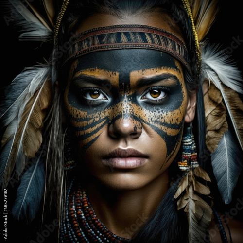 the face of amazon woman with expresive features during a tribal ceremony woman wearing costume with traditional indian ornament