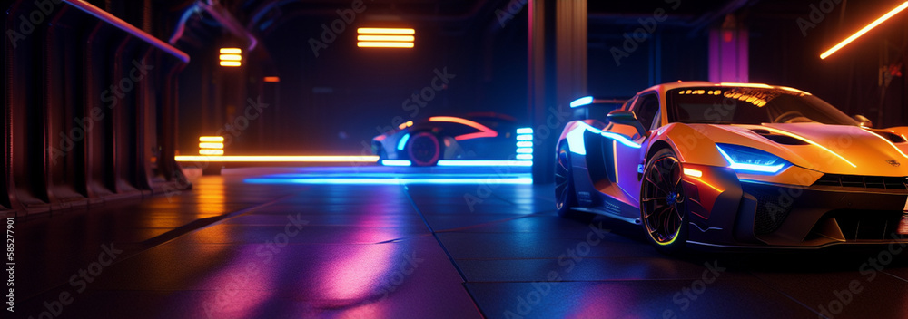 Illustration of a car illuminated by neon lights in a dark room created with Generative AI technology