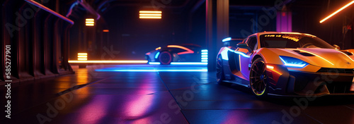 Illustration of a car illuminated by neon lights in a dark room created with Generative AI technology © lndstock
