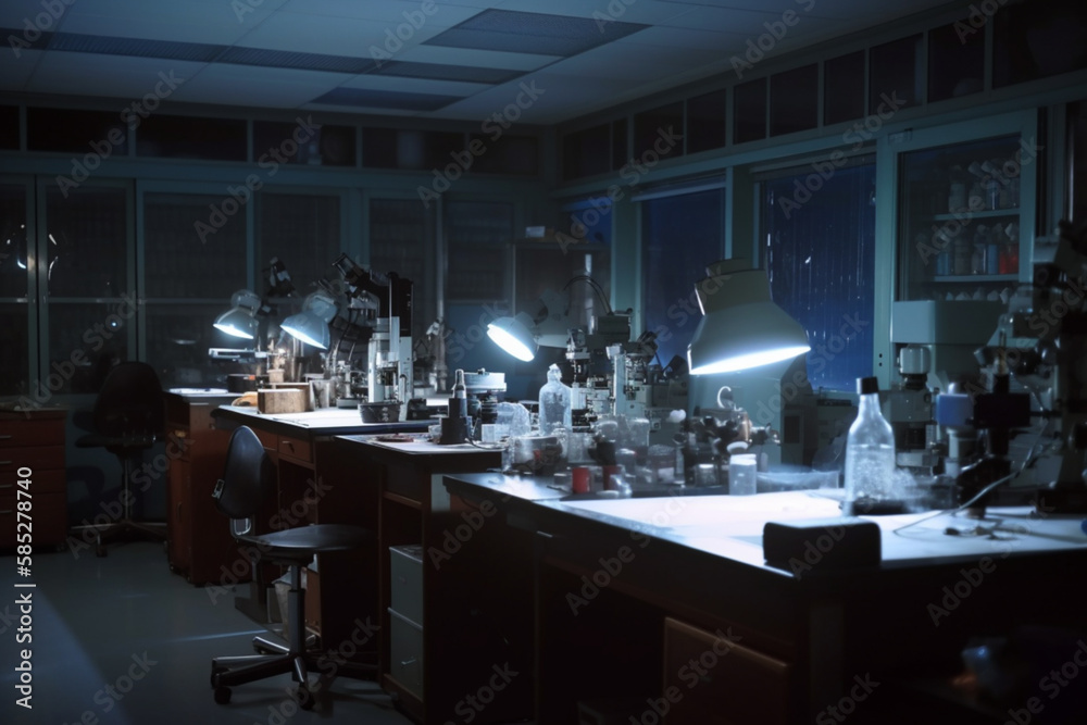 Laboratory at night with microscopes and equipment for the study of viruses and microorganisms. Generative AI Laboratory at night with microscopes and equipment for the study of viruses and microorganisms. Generative AI