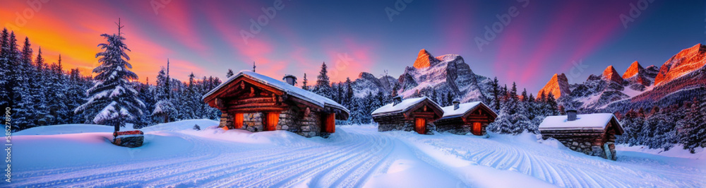 Naklejka premium Illustration of a cozy winter cabin surrounded by snow-capped mountains created with Generative AI technology