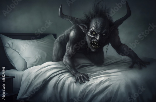 black horned sleep paralysis demon crawling out of bed, made with generative ai photo
