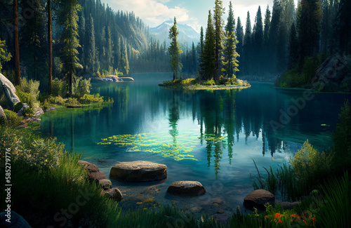 Beautiful background scene of a serene lake in the middle of the forest, beautiful nature scenery, colorful trees and roots, The scene of beautiful forest in a natural environment landscape with water