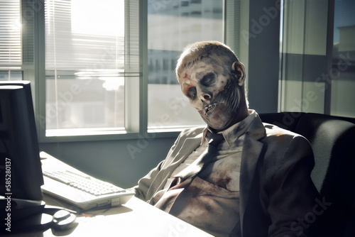 sleeping zombie sitting at desk in office, made with generative ai