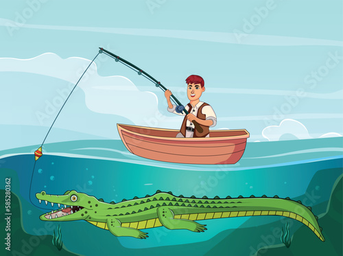 The fisherman catches fish on the boat, but a predatory crocodile catches the bait, a cartoon scene