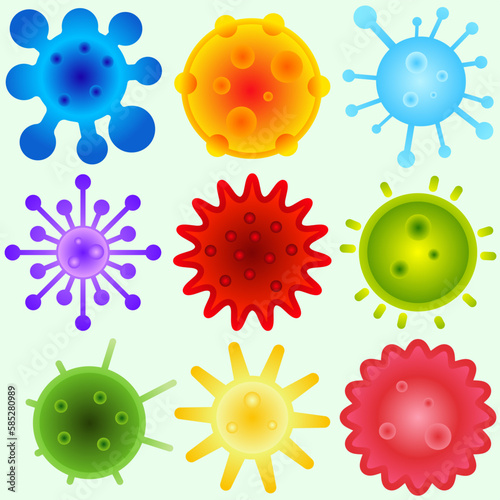 Virus vector illustration set. Viruses icon for illustration of coronavirus, pandemic, outbreak or quarantine. Covid-19 illustration for design regarding virus, infection, bacteria, germ and illness