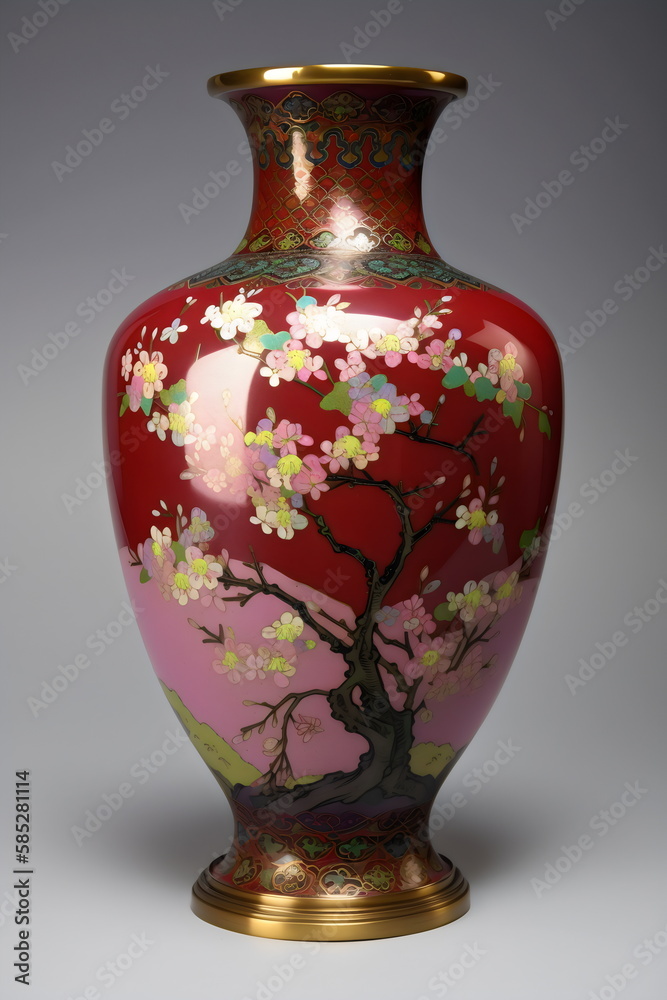 red cloisonné vase with cherry blossom design, made with generative ai red cloisonné vase with cherry blossom design, made with generative ai
