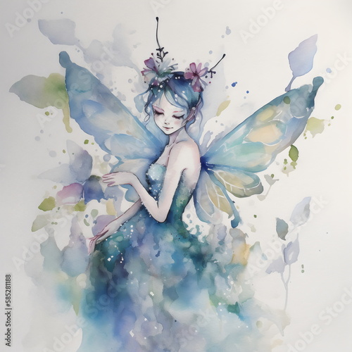 Fototapeta Naklejka Na Ścianę i Meble -  watercolor blue and green  fairy on white paper, made with generative ai
