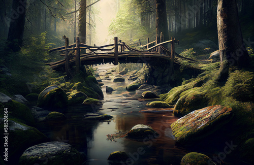 Old wooden bridge in the middle of the forest with natural environment and beautiful tree landscape, calm scenery of trees, water stream and a beautiful river with a wood bridge for crossing, green, b