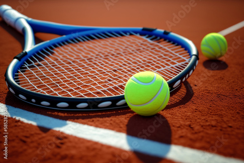 Tennis racket and balls on the clay tennis court, Generative AI © Tahsin
