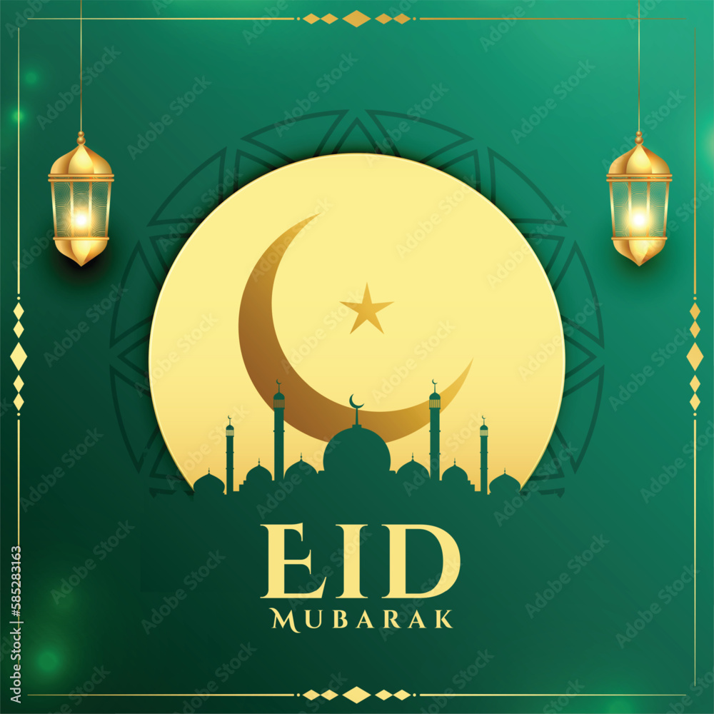 islamic eid mubarak religious background with mosque and moon