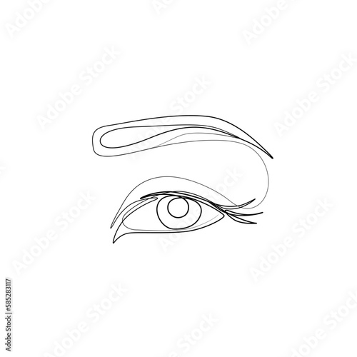 Eye with eyebrow, continuous line drawing, small tattoo, print for clothes and logo design, emblem or logo design, logo for the studio eyelash, isolated vector illustration.