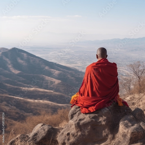 buddhist monk sitting on top of a hill looking at the landscape. Generate ai