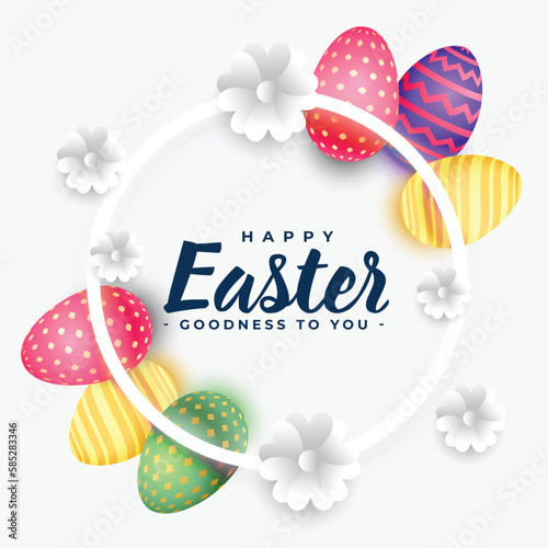 stylish happy easter holiday card with 3d colorful eggs and flowers
