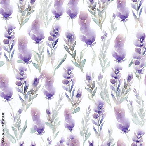 Seamless watercolor lavender field pattern. Generative AI