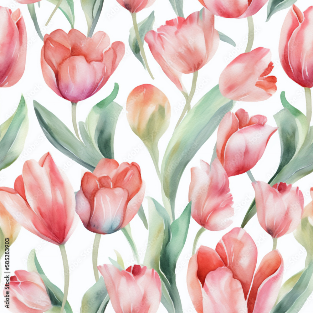 Seamless watercolor pink tulip pattern. Generative AI