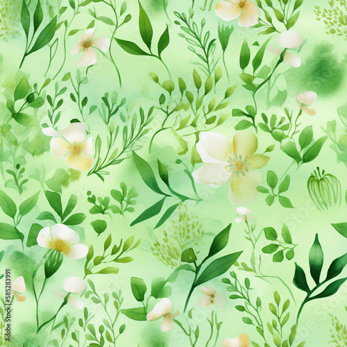 Seamless flowers and green leaves spring watercolor pattern. Generative AI