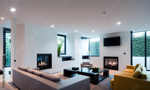 Modern interior design of apartment, living room with gray and yellow sofa, glass windows, fireplace and modern decorataions. Home interior. Living room 3d rendering © Nmatsu