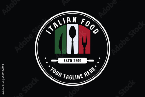 Vintage Retro Italian Flag with Spoon Knife Fork for Cafe Restaurant Food Culinary Catering Label Logo Design