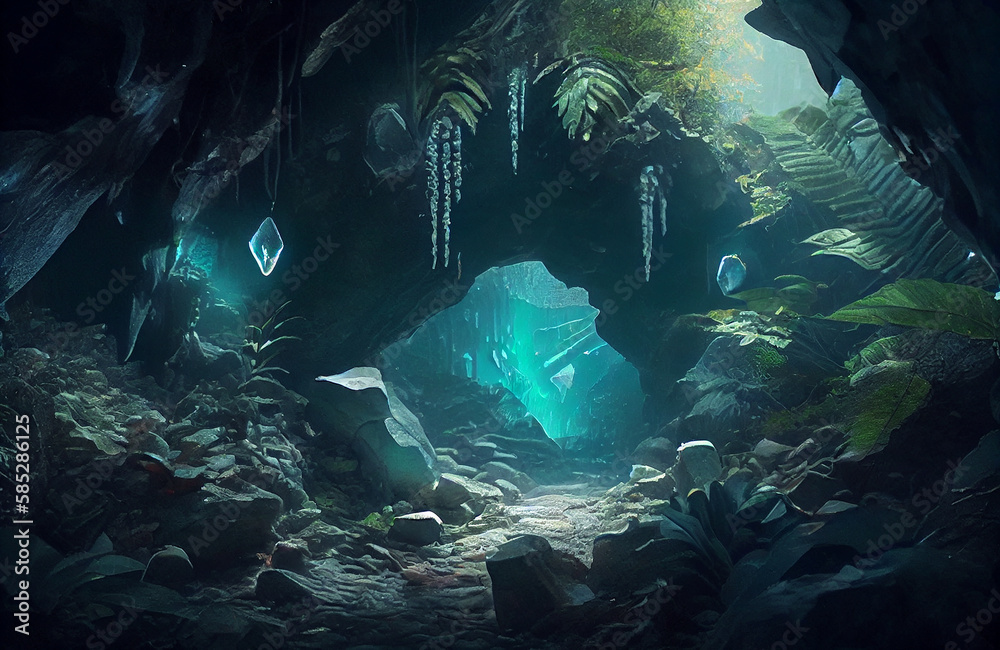 Magical cave with natural plants, ray of light in the middle of the darkness, dark yet beautiful scenery of nature in the depth of earth, where the magic of the forest underworld is coming to life.
