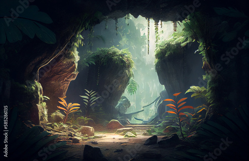 Magical cave with natural plants  ray of light in the middle of the darkness  dark yet beautiful scenery of nature in the depth of earth  where the magic of the forest underworld is coming to life. 