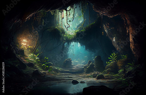 Magical cave with natural plants, ray of light in the middle of the darkness, dark yet beautiful scenery of nature in the depth of earth, where the magic of the forest underworld is coming to life. 