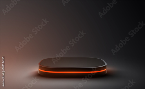 Empty podium with orange line neon on black background