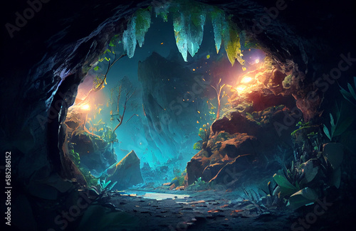 Magical cave with natural plants, ray of light in the middle of the darkness, dark yet beautiful scenery of nature in the depth of earth, where the magic of the forest underworld is coming to life. 