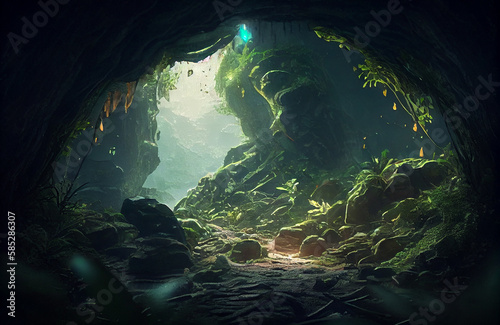 Magical cave with natural plants  ray of light in the middle of the darkness  dark yet beautiful scenery of nature in the depth of earth  where the magic of the forest underworld is coming to life AI 