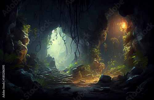 Magical cave with natural plants  ray of light in the middle of the darkness  dark yet beautiful scenery of nature in the depth of earth  where the magic of the forest underworld is coming to life AI 