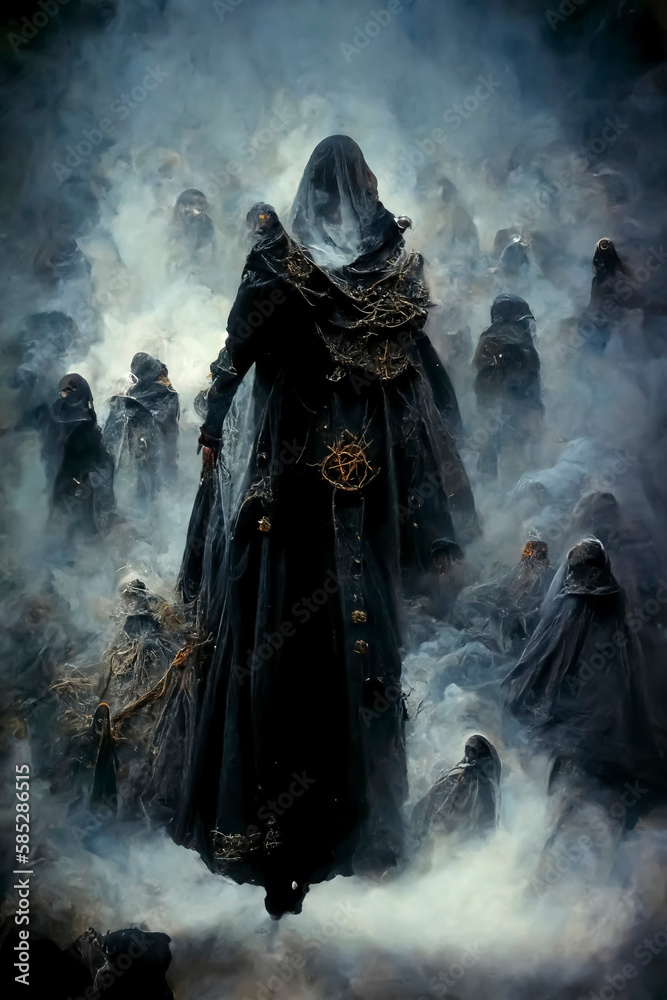 The image of death in black clothes a black hood. Grim reaper in the fog. Depression, despondency, fear, fright, mysticism. The image of death in black clothes a black hood. Grim reaper in the fog. Depression, despondency, fear, fright, mysticism.