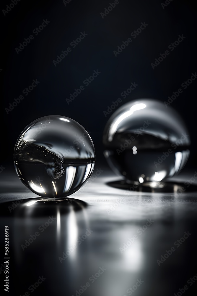 Transparent glass orb drops spheres on table Transparent glass orb drops spheres on table