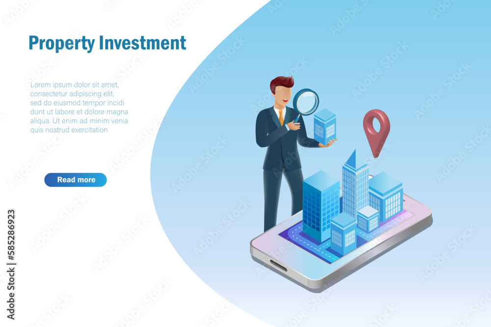 Real estate and property investment. Businessman hold magnifying glass inspect online property building in good location for investment. Vector.