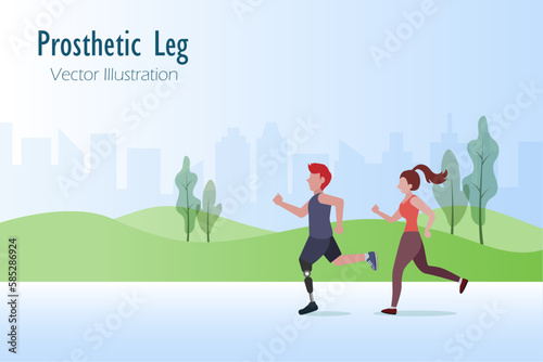 Disabled man with prosthetic leg running with woman in outdoor park. Disabled technology and lifestyle. Vector. 

