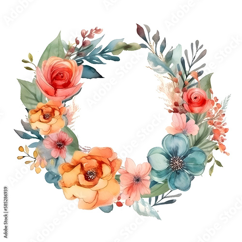Watercolor floral circle frame. Beautiful hand drawn wreath on a white background. 