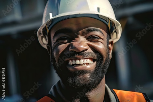 A construction worker in a hard hat with a big smile on his face as he works on a building site wearing white hat and orange jacket