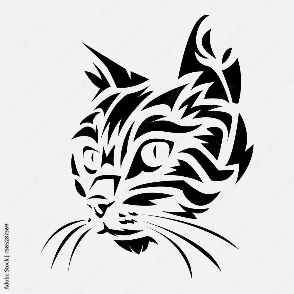 black and white portrait of cat face with tribal tattoo style. isolated white background. flat vector illustration. black and white portrait of cat face with tribal tattoo style. isolated white background. flat vector illustration.