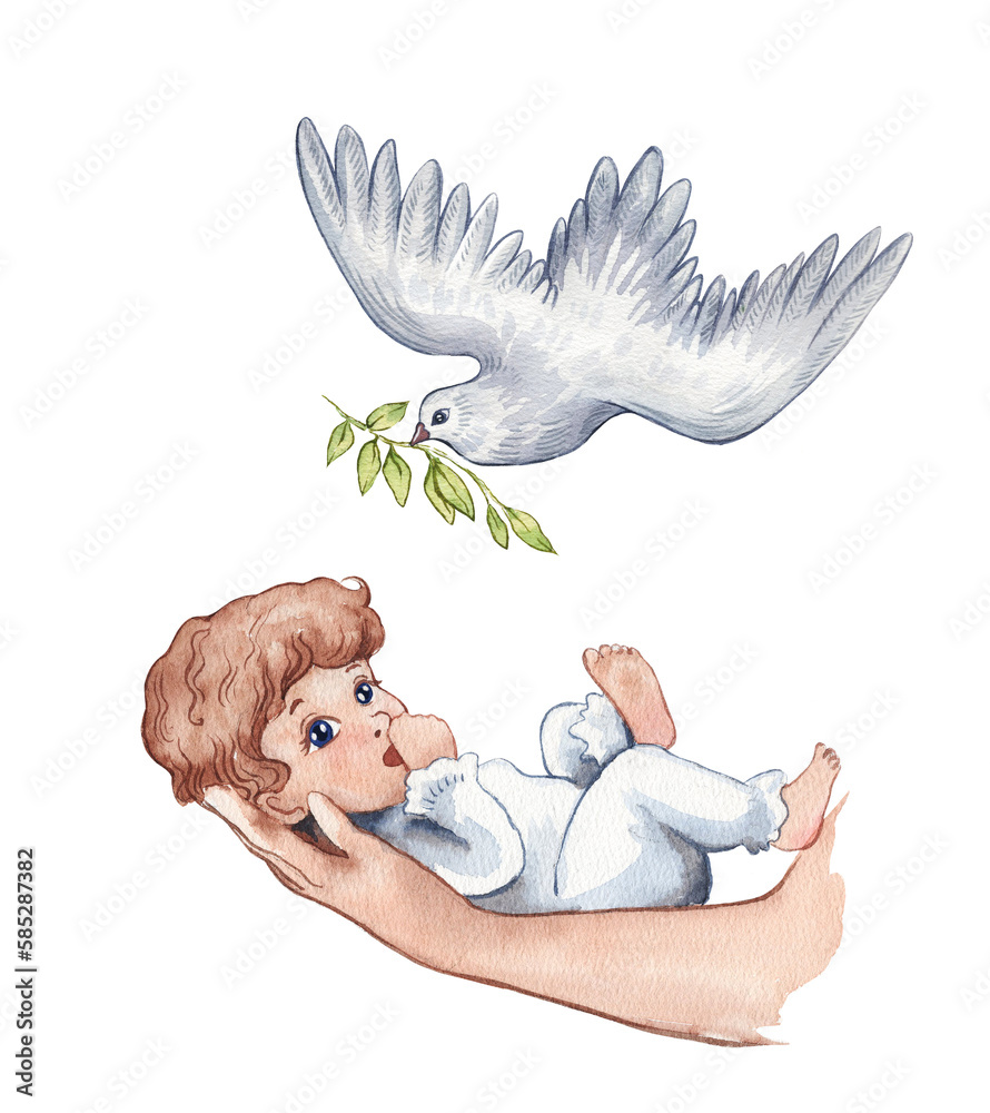 Watercolor Illustration of a Little baby Going Through a Catholic